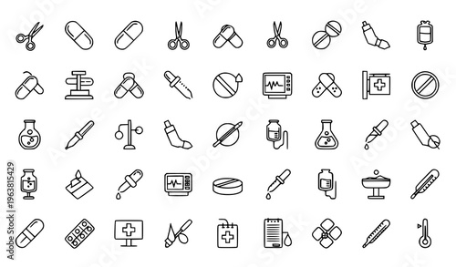 Healthcare and Medical Line Icon Set Featuring Pills, Capsules, Syringes, Scissors, Stethoscope, IV Drip, Thermometer, and Hospital Equipment for Clinical and Pharmacy Design