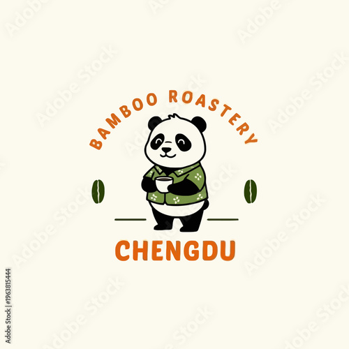 Panda holds coffee cup standing.