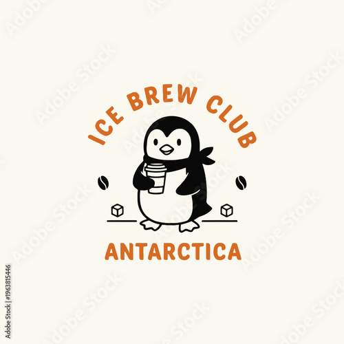 Penguin holding coffee cup Antarctica.