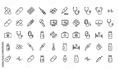 Healthcare and Medical Line Icon Set Featuring Pills, Capsules, Bandages, Stethoscope, Syringe, IV Drip, Heart Monitor, and Hospital Equipment for Clinical and Pharmacy Design