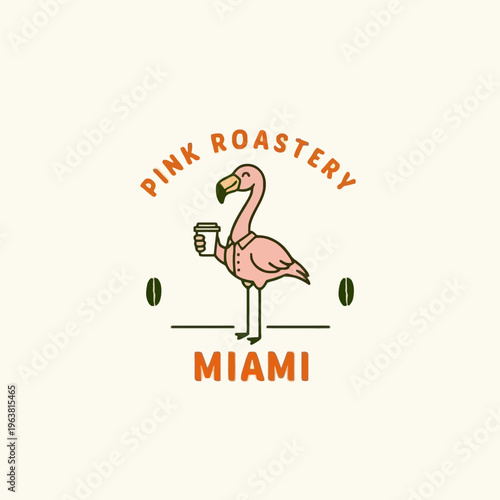 Pink Flamingo Holding Coffee Cup.
