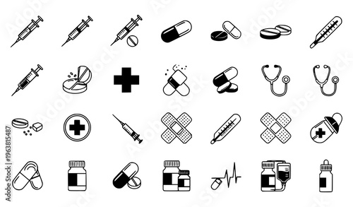 Medical and Healthcare Icon Set Featuring Syringes, Pills, Capsules, Stethoscope, First Aid Cross, Bandages, and Hospital Equipment Symbols for Clinic and Pharmacy Design