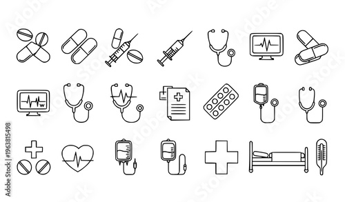 Healthcare and Medical Line Icon Set Featuring Stethoscope, Syringe, Heart Monitor, Pills, Bandage, IV Drip, Hospital Bed, and Doctor Tools for Clinical Design