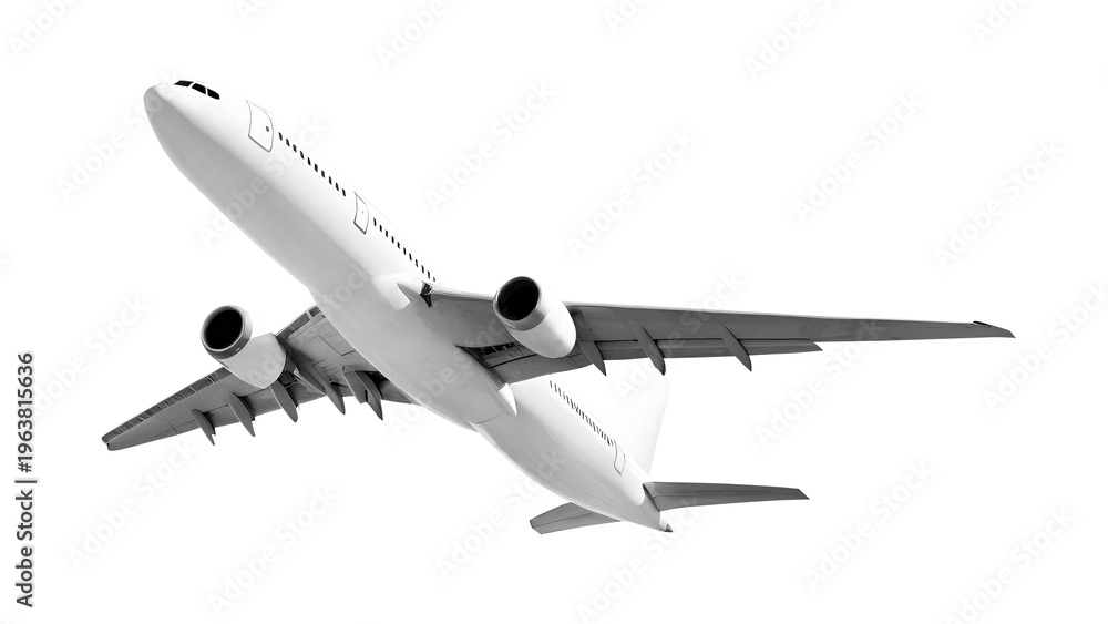 Obraz premium Close up low angle perspective of white airplane fuselage and wings from below, detailed aviation engineering and aircraft parts, isolated on a transparent background