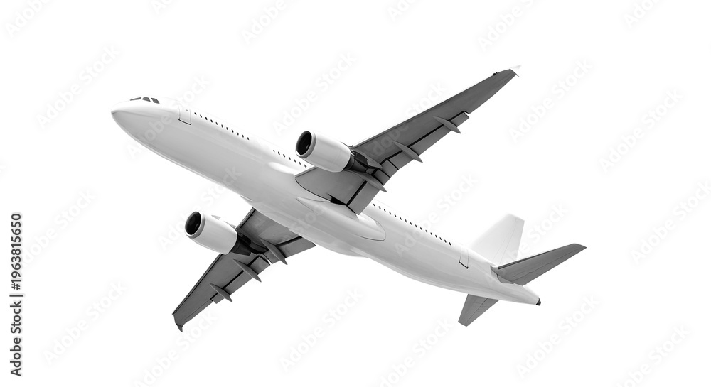 Obraz premium Bottom view of white airplane climbing during takeoff, commercial aircraft wing and engine details, passenger aviation transportation, isolated on a transparent background