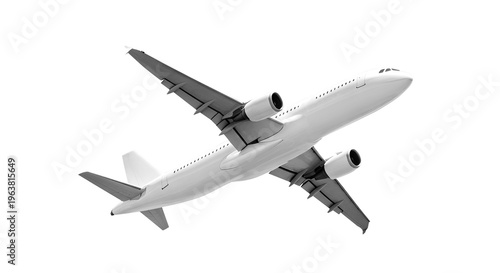 Perspective low angle under view of white airplane with dual engines, wide body commercial jet aircraft for global travel and logistics, isolated on a transparent background