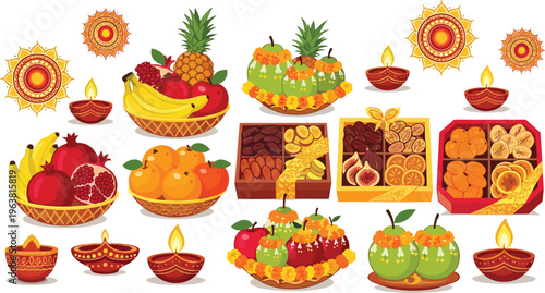 Photos Diwali Festival Offering Vector Set with Fruits Mithai Sweets Diyas Decorative R