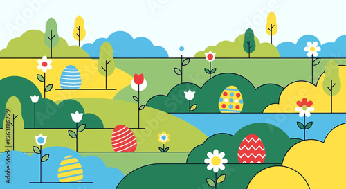 colorful easter egg hunt scene in a modern flat design spring landscape with vibrant flowers perfect for holiday celebration.