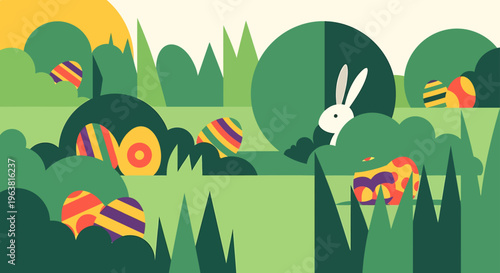 colorful easter eggs and a cute bunny in a vibrant spring landscape for an easter egg hunt celebration