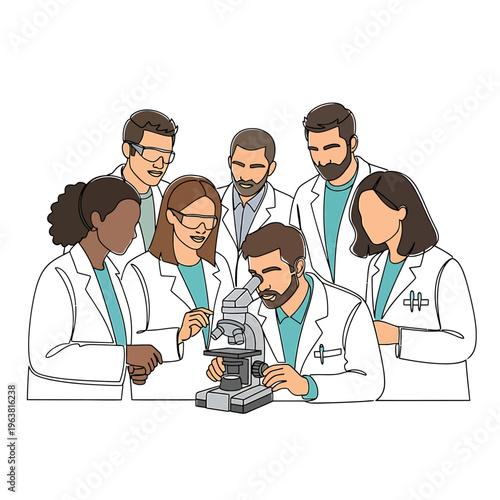 scientific research team collaborating using a microscope in a modern laboratory illustrating diverse teamwork and innovation.