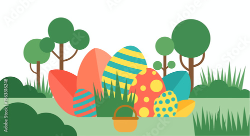 colorful easter eggs and a basket in a festive easter hunt a vibrant spring celebration illustration in flat design.