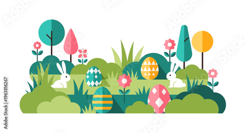 modern flat design easter egg hunt with cute bunnies and colorful eggs hidden in a vibrant spring landscape artwork.