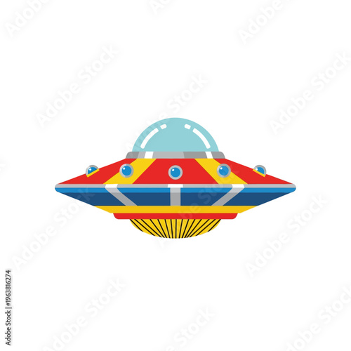 a colorful ufo flying saucer spaceship in flat design a whimsical cartoon illustration perfect for alien invasion concepts or space exploration.