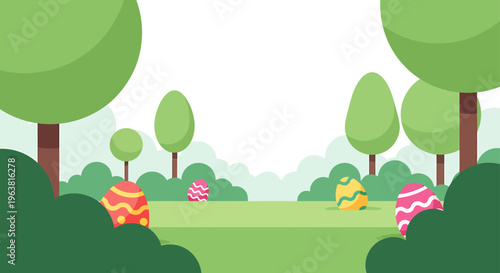 a colorful flat design easter egg hunt is underway in a charming spring park perfect for holiday backgrounds