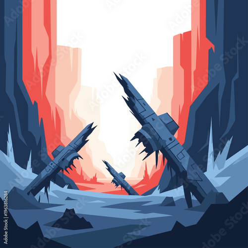 crashed spaceships wreckage in a desolate alien landscape at sunset a sci-fi post-apocalyptic illustration for concept art.