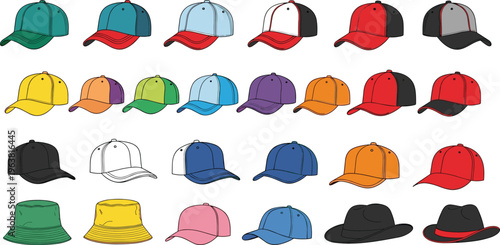 Baseball Cap and Hat Collection with Various Colors and Styles, Casual Headwear Set Including Snapback, Trucker, Bucket, and Classic Caps Vector Illustration