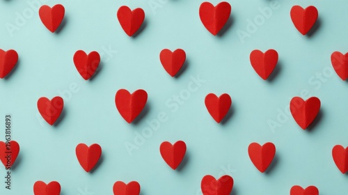Red heart shapes arranged in a pattern on blue background, symbolizing love, romance, and affection with shadows creating depth and contrast in the composition.