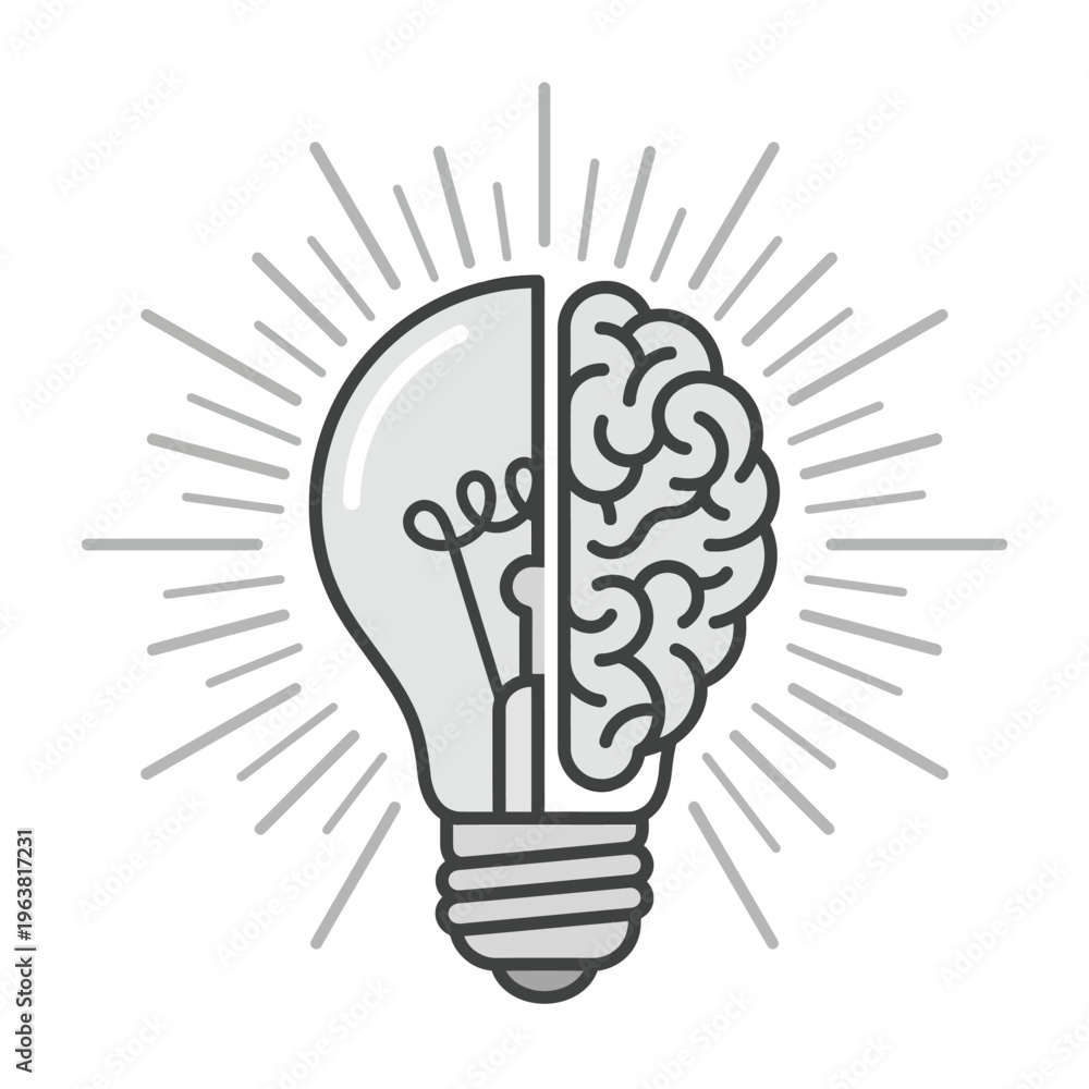 Fototapeta premium Creative idea light bulb brain concept with radiant lines illustration