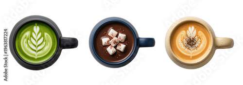 Top view coffee latte matcha hot chocolate cups isolated transparent background beverage drink foam art cafe collection warm drinks