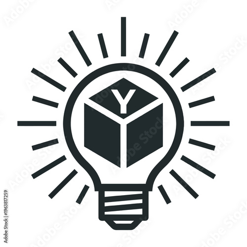 Black and white vector graphic of a lightbulb with a cube inside and rays of light emanating symbolizing ideas and innovation