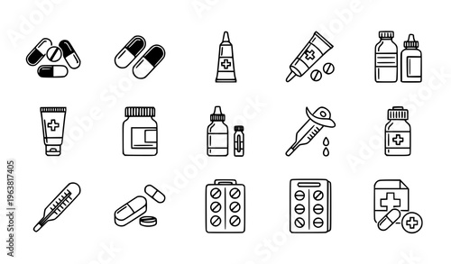 Medical and Pharmaceutical Outline Icon Set Featuring Pills, Syringes, Medicine Bottles, Ointments and Healthcare Treatment Elements in Minimal Line Style