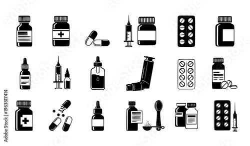 Medical and Pharmaceutical Icon Collection Featuring Medicine Bottles, Syringes, Tablets, Inhalers and Healthcare Equipment in Black Silhouette Style for Design Projects