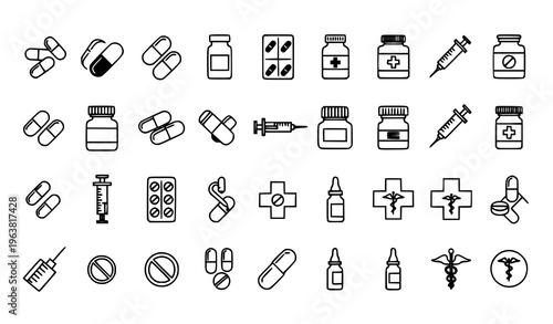 Medical and Pharmaceutical Icon Set Featuring Pills, Syringes, Medicine Bottles, First Aid Symbols and Healthcare Elements in Minimal Outline Style for Design