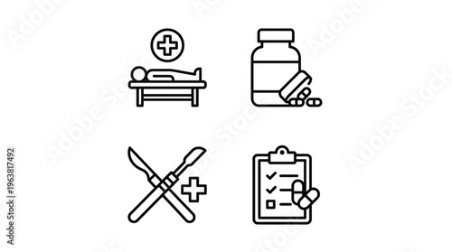 Medical icons set including patient on bed pills crossed scalpels and clipboard with checkmarks symbolizing healthcare and medicine