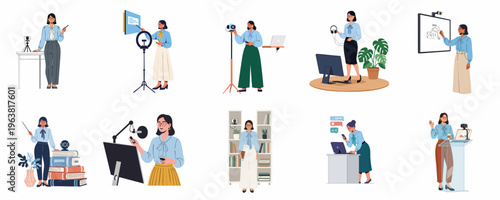Flat vector illustrations of a professional woman conducting various online activities such as teaching, webinars, and remote work using digital technology and equipment.