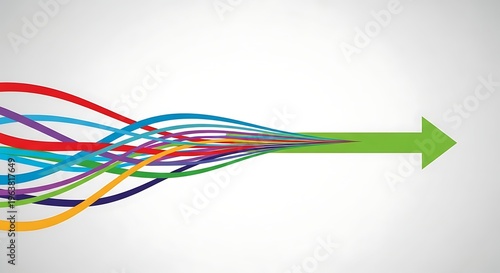 A conceptual illustration of multiple colorful lines converging into a single solid green arrow