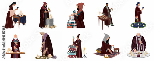 Collection of mystical characters and fortune tellers performing occult rituals with tarot cards, candles, and crystal balls in a flat illustrative style.