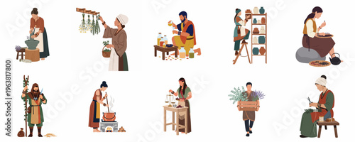 Collection of flat illustrations depicting various people practicing traditional herbal medicine, harvesting plants, and preparing natural remedies in a historical or tribal setting.