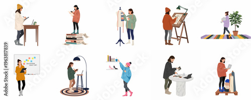 Collection of flat vector illustrations featuring women engaged in different remote work activities, from fashion design and brainstorming to digital art and photography.