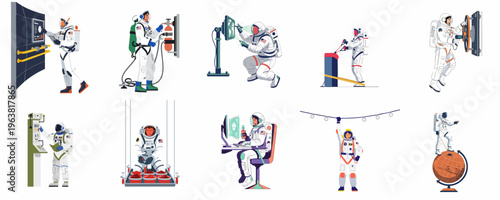 Flat Vector Illustration Set of Astronauts Working, Training, and Exploring in Space for Science and Technology Projects