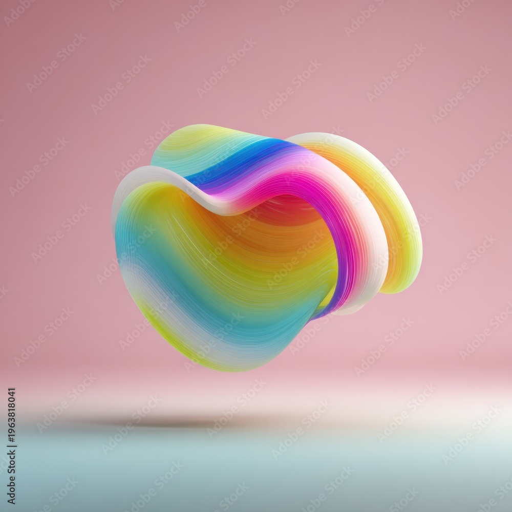 Obraz premium Fluid, colorful, abstract shape hovers above a light surface against a soft background