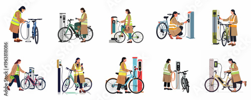 Set of illustrations featuring a woman in a high-visibility vest charging her electric bicycle at various modern urban charging stations.