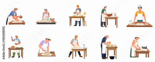 Flat vector illustrations of professional bakers and hobbyists preparing various bread doughs on wooden tables, isolated against a white background.