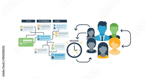 Team Workflow Illustration, Productivity, Office, Vector, Flat Design, Collaborative, Process Visualization