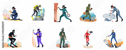 Collection of Scuba Divers and Marine Biologists Conducting Underwater Scientific Research and Coral Reef Conservation in Flat Vector Illustration Style