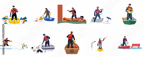 Flat illustration collection of flood rescue teams in various boats, performing emergency operations, retrieving debris, and providing medical aid during a disaster.