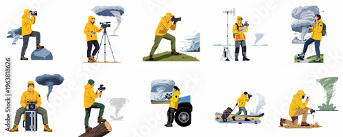 Set of illustrations depicting storm chasers documenting and filming powerful tornadoes and extreme weather events with professional equipment.