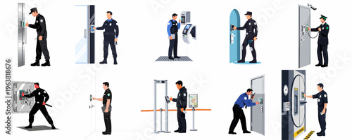 Security personnel and guards using advanced access control systems, biometric scanners, keypads, and metal detectors in various high-security scenarios, flat vector illustration.