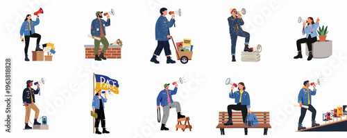 Set of diverse activists and protesters using megaphones, holding signs, and advocating for social change and human rights in flat illustration style.