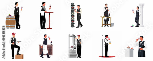 Collection of professional sommelier vector illustrations showing wine experts tasting, serving, and managing red wine in elegant winery and restaurant settings.