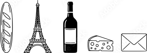 France Travel Icons Featuring Eiffel Tower Baguette Wine Bottle Cheese And Mail Envelope Elements