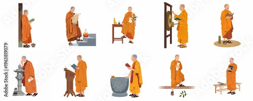 Set of Minimalist Illustrations Featuring Buddhist Monks in Traditional Saffron Robes Engaged in Various Spiritual Activities and Daily Rituals