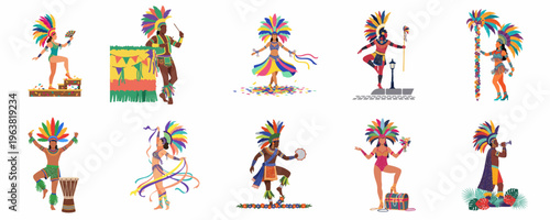 A collection of colorful flat vector characters in vibrant carnival costumes, featuring dancers and musicians celebrating traditional festivals with feathers and music.