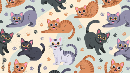 Colorful cartoon cats, kittens pattern, pet seamless texture, cute animal background
