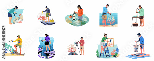 Collection of flat vector illustrations depicting marine biologists and researchers studying, monitoring, and protecting coral reefs through various scientific methods.