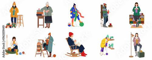 Collection of diverse characters knitting handmade wool clothing like sweaters and scarves in a cozy and creative flat vector illustration style.